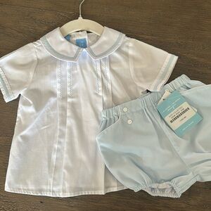 Anavini Hand Smocked White and Blue Outfit